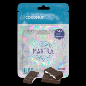 Mantra Minis Coconut 5g premium cannabis-infused chocolate bites with coconut in branded packaging